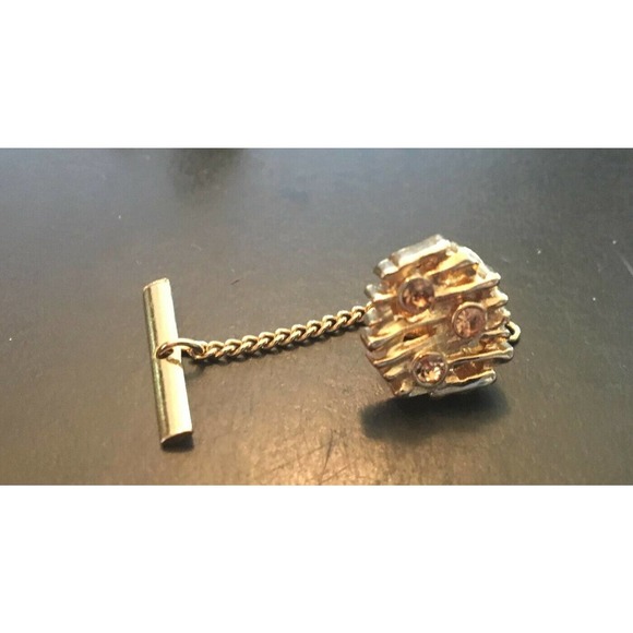 VTG Gold Tone Cufflinks and Matching Tie Pin with Rhinestone Insets - Picture 2 of 5